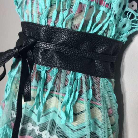 🎀 4PC BOHO CHIC TEAL MINI DRESS FRINGE TRIBAL BELT NECKLACE BOHEMIAN BUNDLE SET - Picture 6 of 8